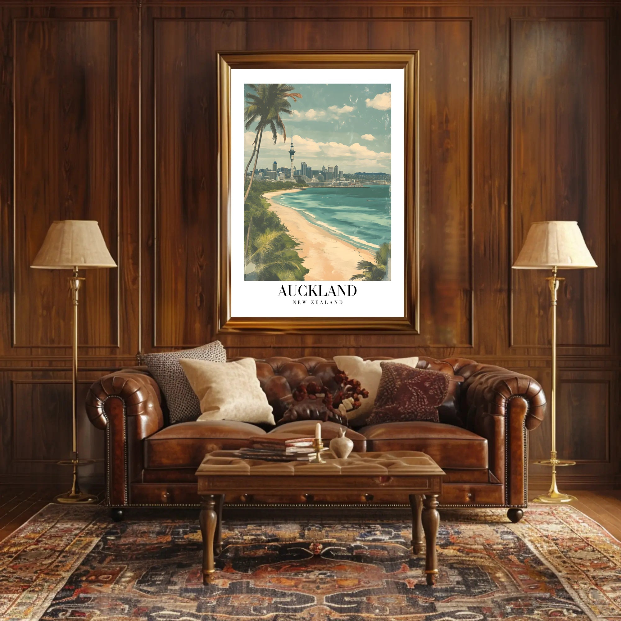 Auckland Vintage Travel Poster with City Skyline and Beach PosterGoat