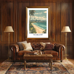 Auckland Vintage Travel Poster with City Skyline and Beach PosterGoat