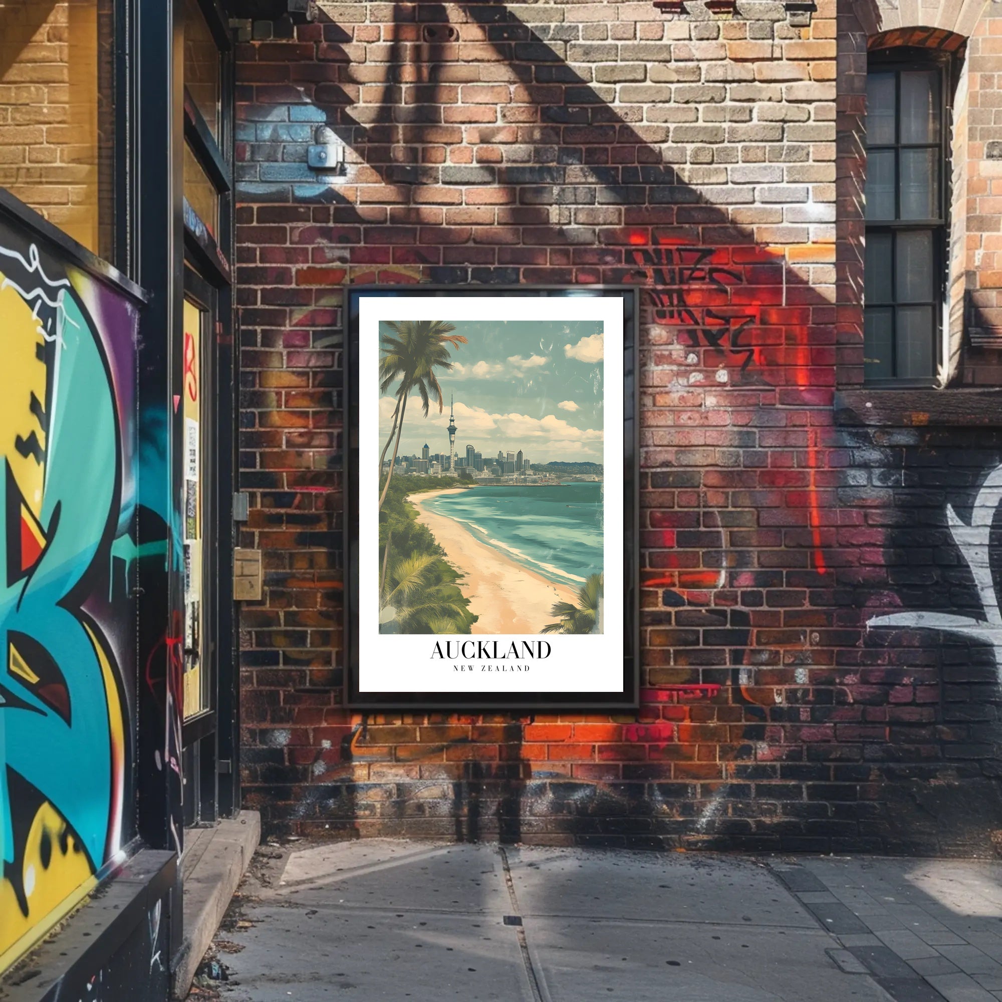 Auckland Vintage Travel Poster with City Skyline and Beach PosterGoat