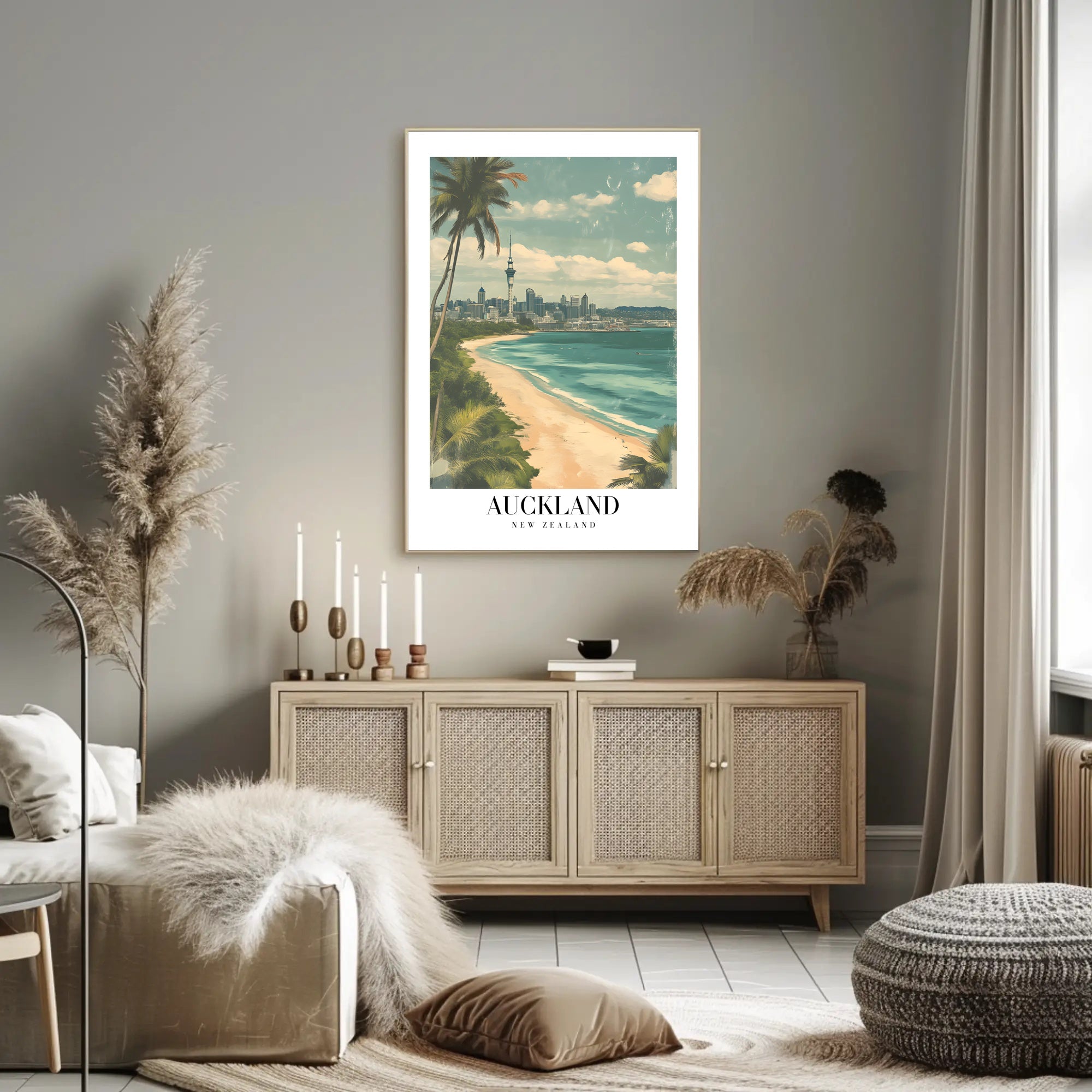Auckland Vintage Travel Poster with City Skyline and Beach PosterGoat
