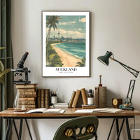Auckland Vintage Travel Poster with City Skyline and Beach PosterGoat