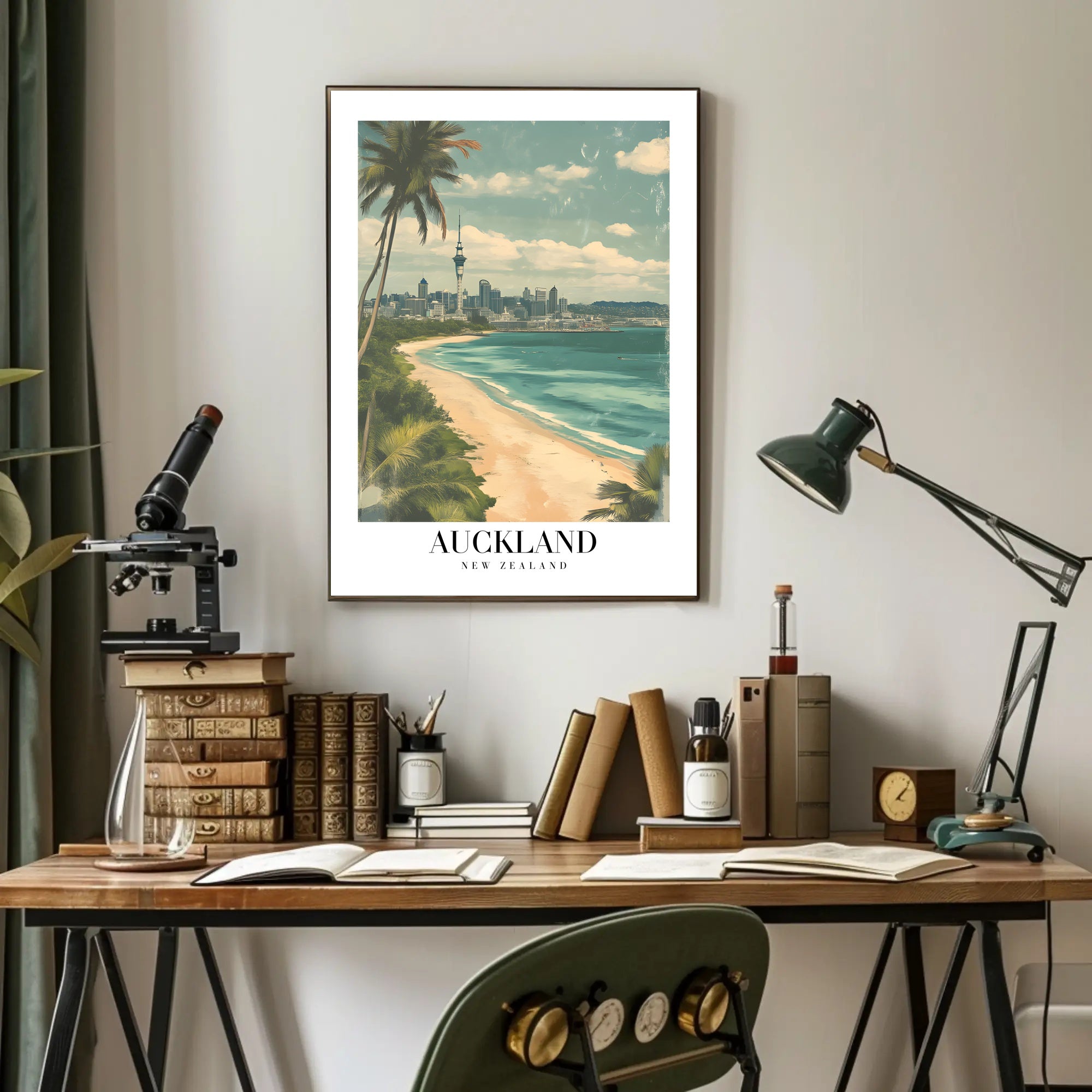 Auckland Vintage Travel Poster with City Skyline and Beach PosterGoat