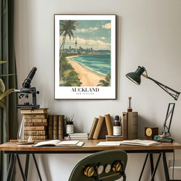 Auckland Vintage Travel Poster with City Skyline and Beach PosterGoat