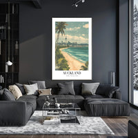 Auckland Vintage Travel Poster with City Skyline and Beach PosterGoat