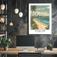 Auckland Vintage Travel Poster with City Skyline and Beach PosterGoat