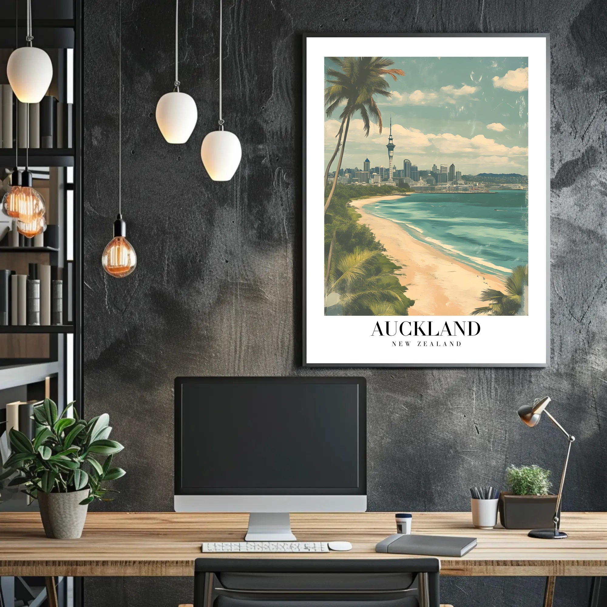 Auckland Vintage Travel Poster with City Skyline and Beach PosterGoat