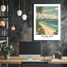 Auckland Vintage Travel Poster with City Skyline and Beach PosterGoat