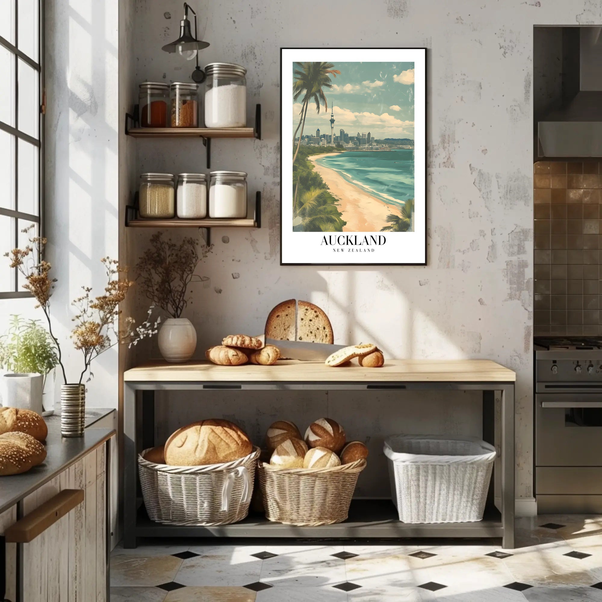 Auckland Vintage Travel Poster with City Skyline and Beach PosterGoat