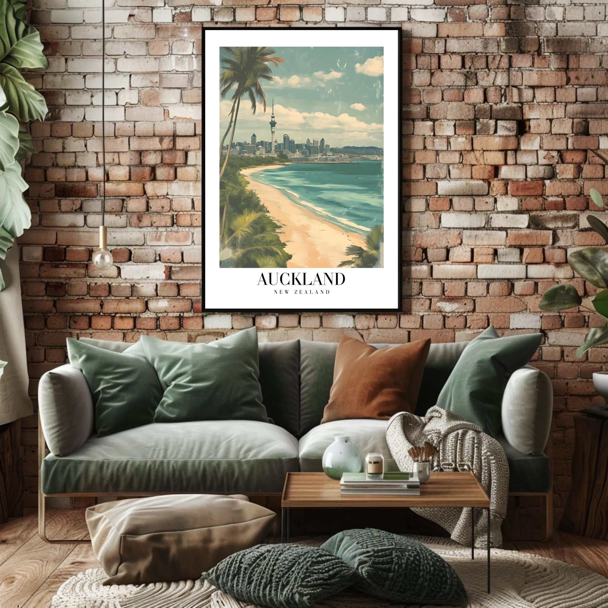 Auckland Vintage Travel Poster with City Skyline and Beach PosterGoat