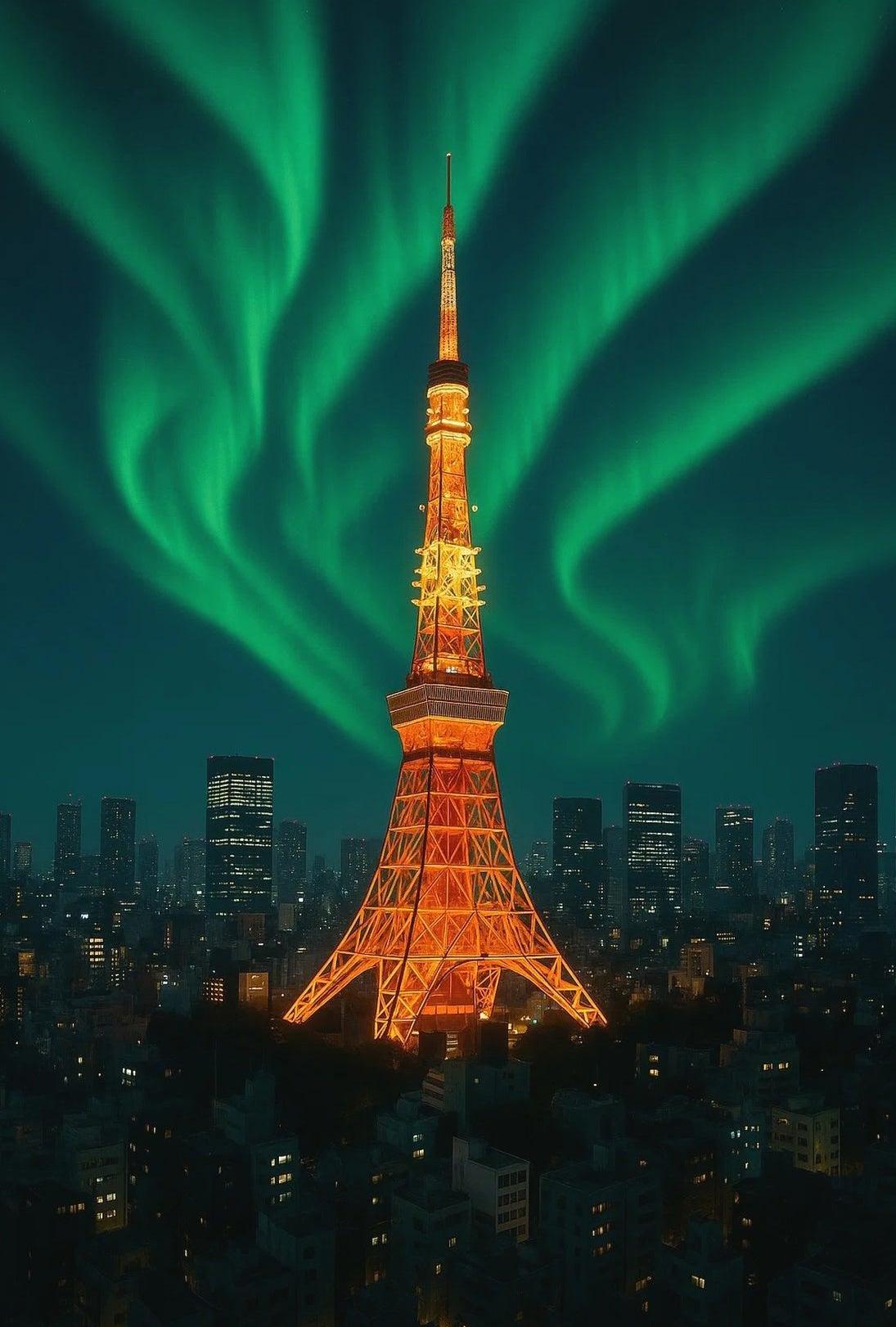 Aurora Over Tower: Dreamlike Futuristic Sci-Fi Poster PosterGoat