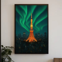 Aurora Over Tower: Dreamlike Futuristic Sci-Fi Poster PosterGoat