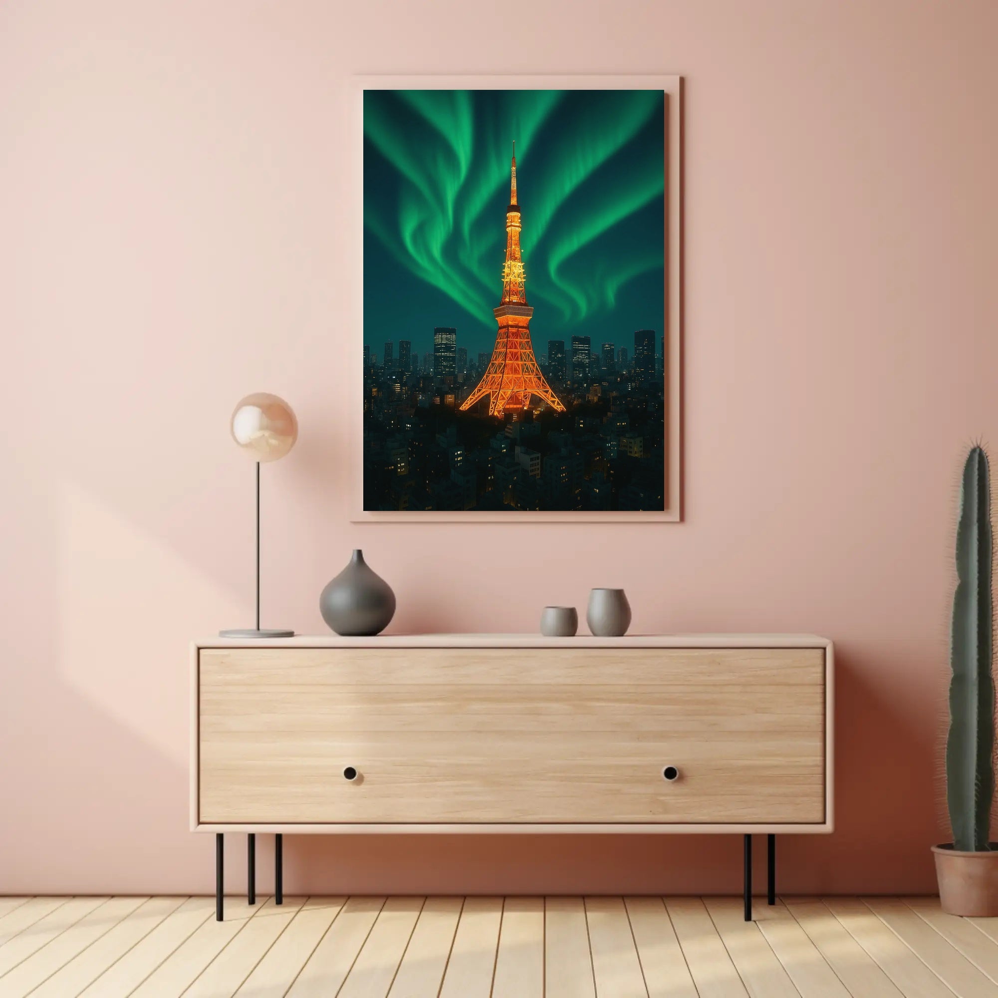 Aurora Over Tower: Dreamlike Futuristic Sci-Fi Poster PosterGoat