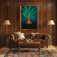 Aurora Over Tower: Dreamlike Futuristic Sci-Fi Poster PosterGoat