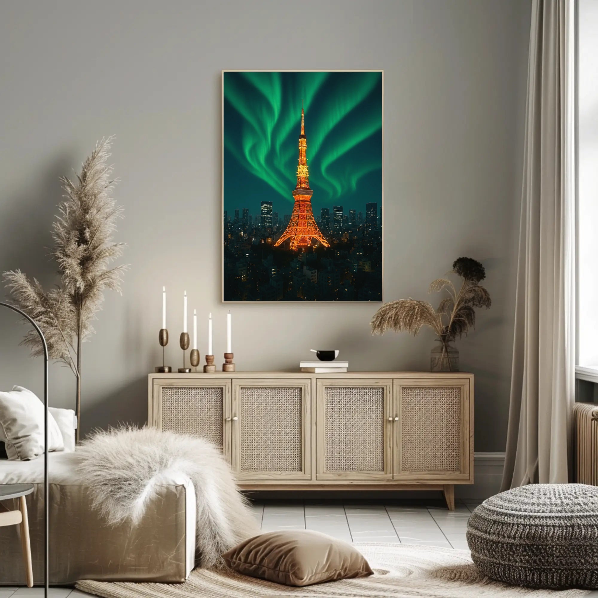 Aurora Over Tower: Dreamlike Futuristic Sci-Fi Poster PosterGoat