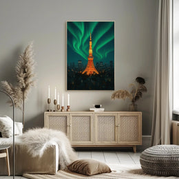 Aurora Over Tower: Dreamlike Futuristic Sci-Fi Poster PosterGoat