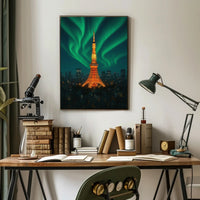 Aurora Over Tower: Dreamlike Futuristic Sci-Fi Poster PosterGoat