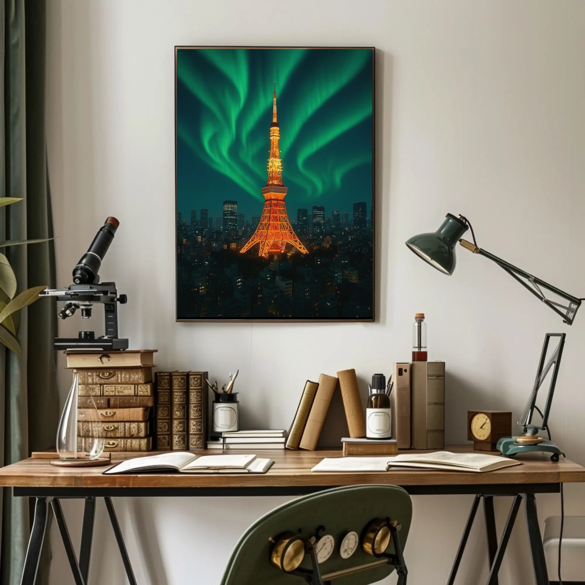 Aurora Over Tower: Dreamlike Futuristic Sci-Fi Poster PosterGoat