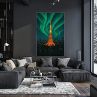 Aurora Over Tower: Dreamlike Futuristic Sci-Fi Poster PosterGoat