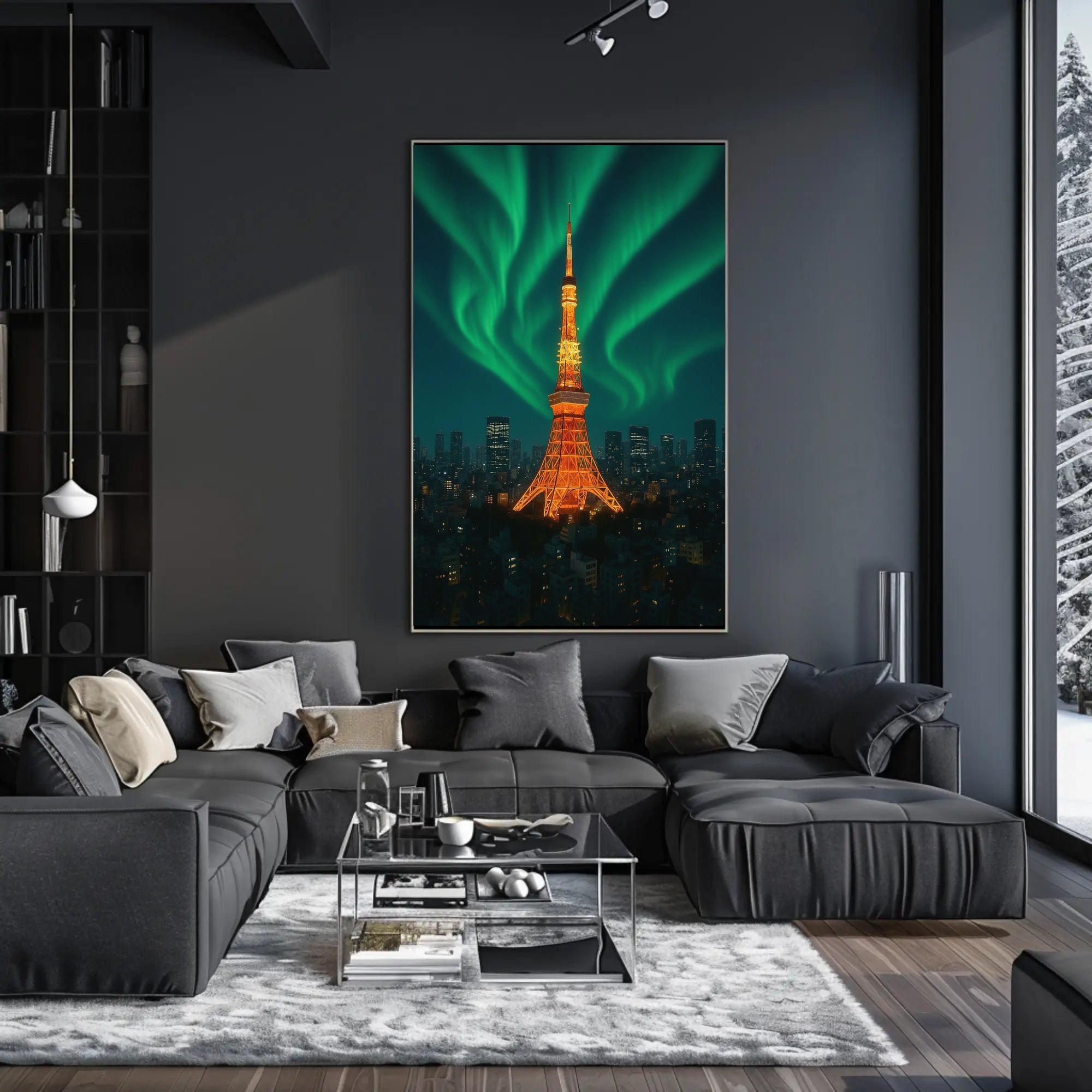 Aurora Over Tower: Dreamlike Futuristic Sci-Fi Poster PosterGoat