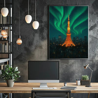 Aurora Over Tower: Dreamlike Futuristic Sci-Fi Poster PosterGoat