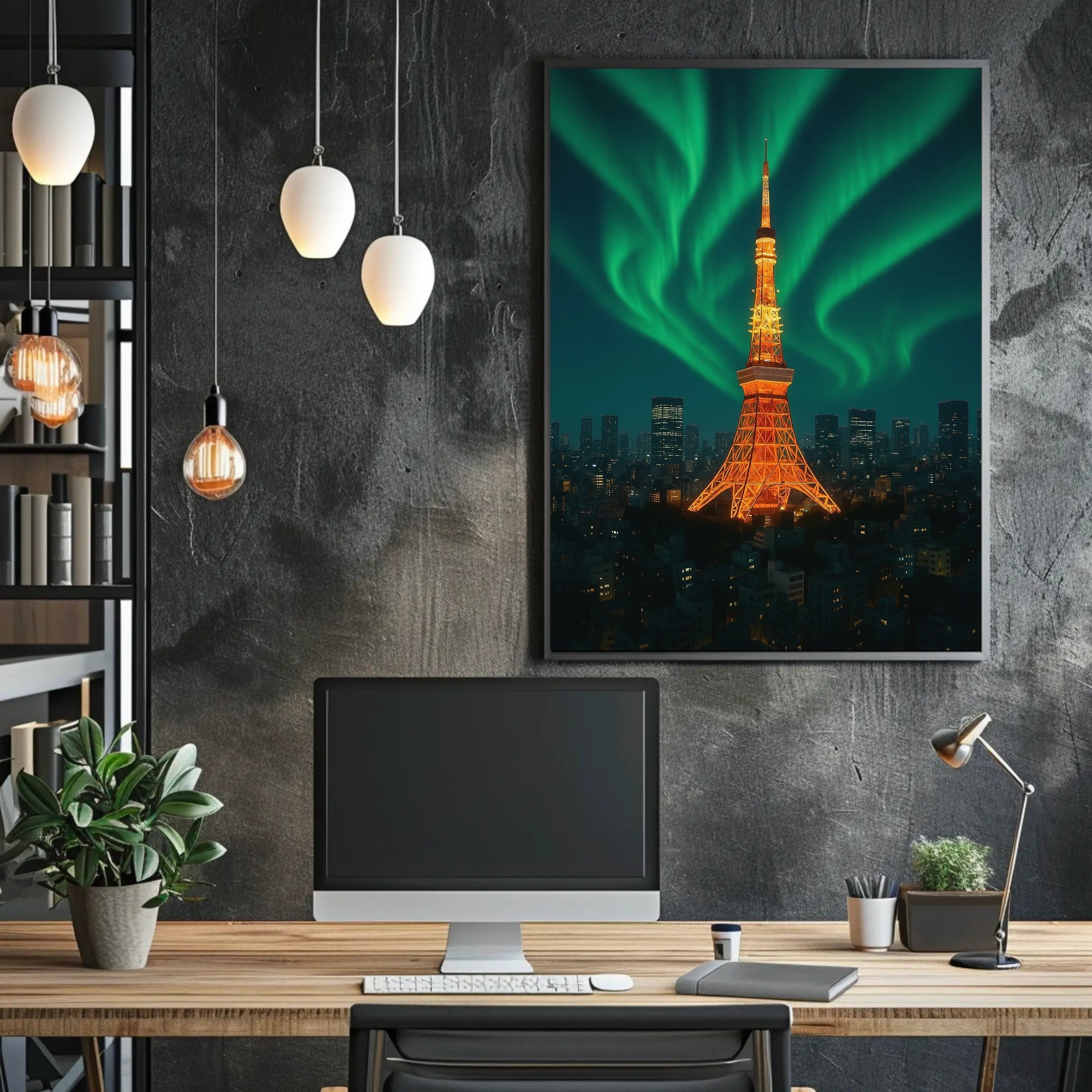 Aurora Over Tower: Dreamlike Futuristic Sci-Fi Poster PosterGoat
