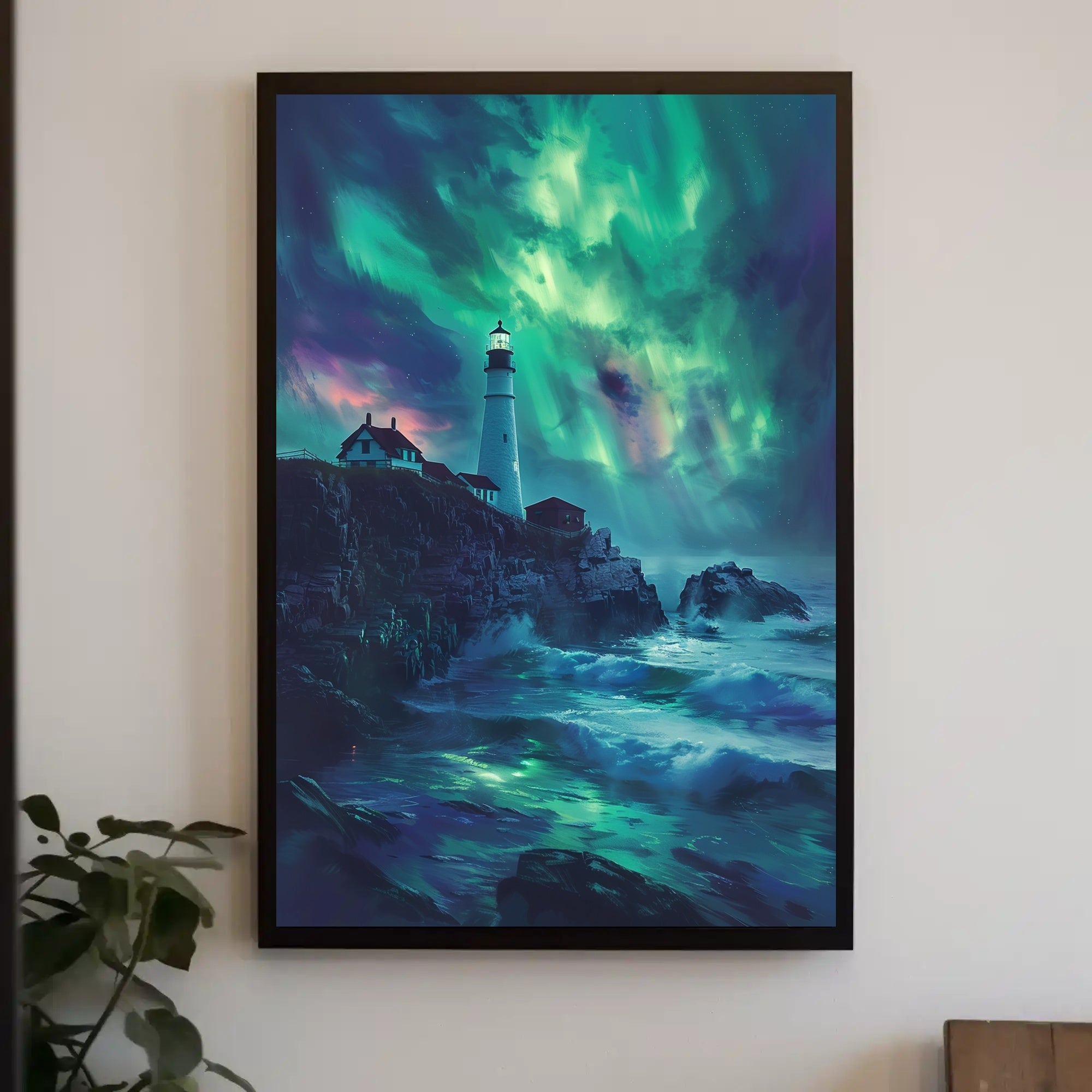 Aurora-Painted Coastal Landscape Lighthouse Artistic Poster PosterGoat