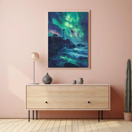 Aurora-Painted Coastal Landscape Lighthouse Artistic Poster PosterGoat