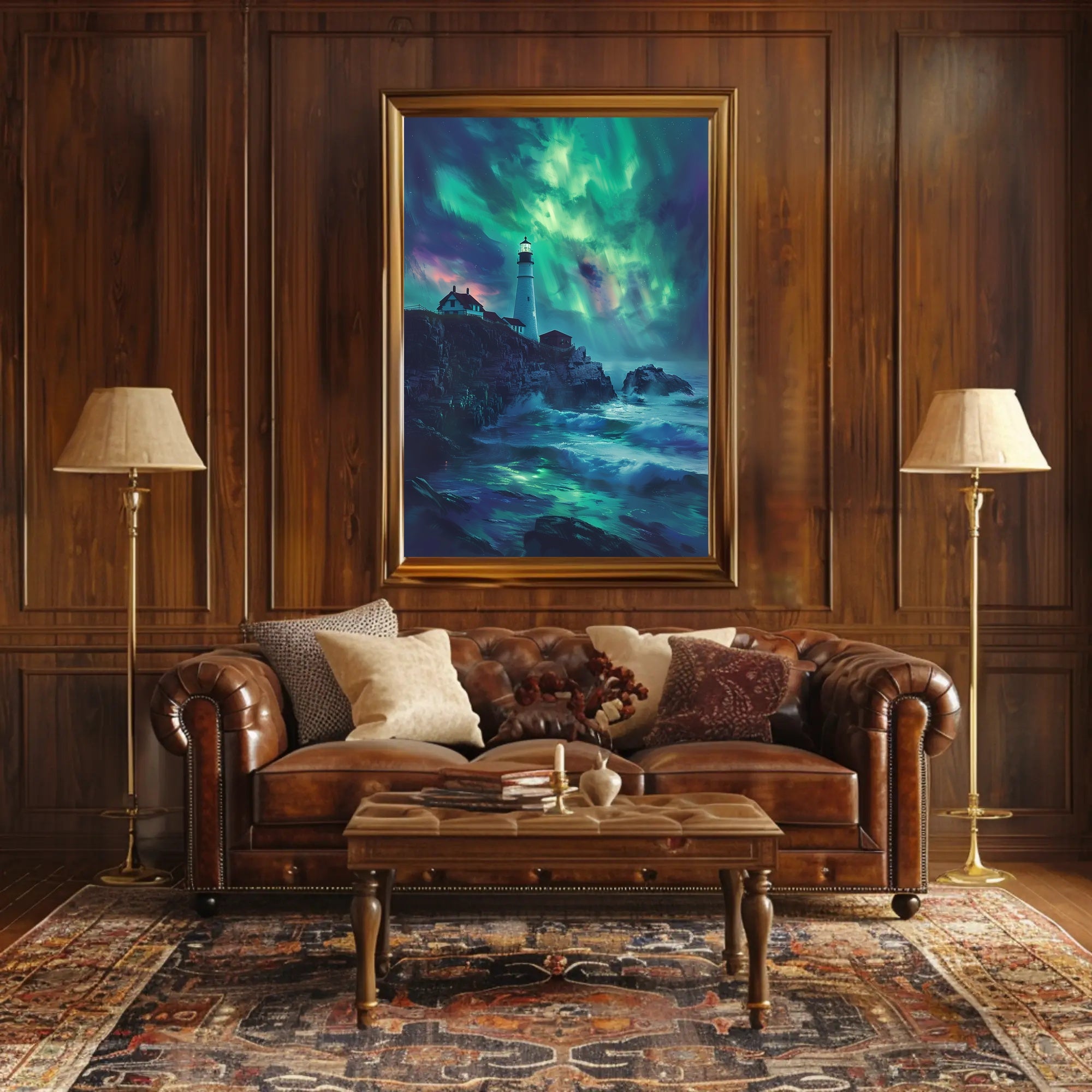Aurora-Painted Coastal Landscape Lighthouse Artistic Poster PosterGoat