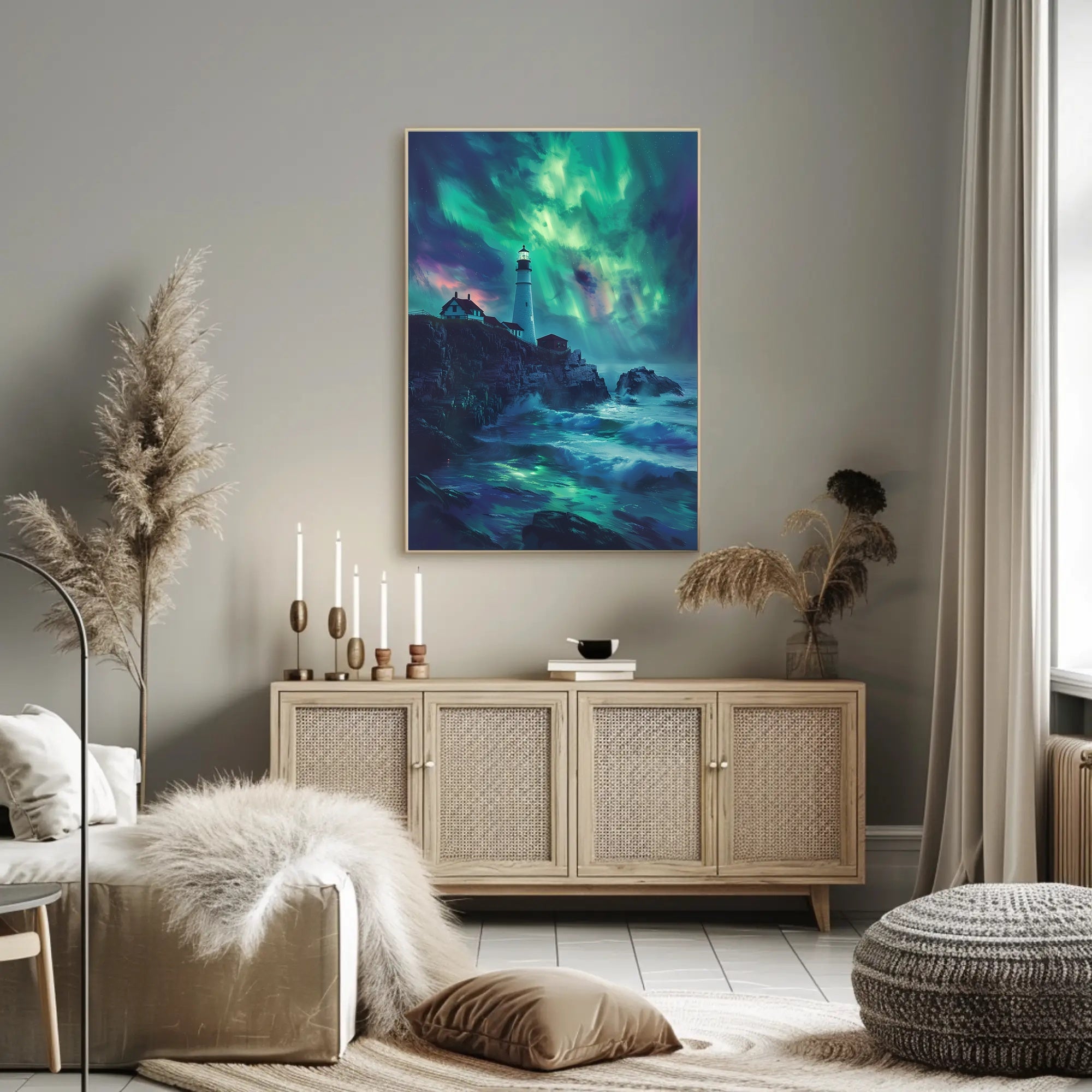 Aurora-Painted Coastal Landscape Lighthouse Artistic Poster PosterGoat