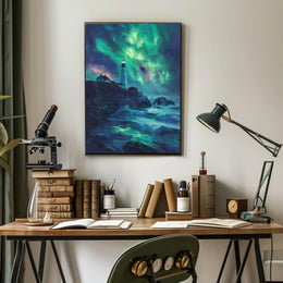 Aurora-Painted Coastal Landscape Lighthouse Artistic Poster PosterGoat