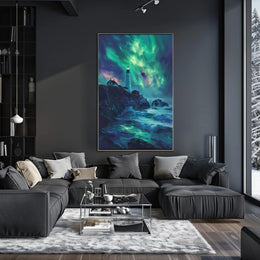 Aurora-Painted Coastal Landscape Lighthouse Artistic Poster PosterGoat