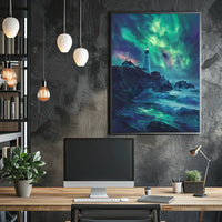 Aurora-Painted Coastal Landscape Lighthouse Artistic Poster PosterGoat