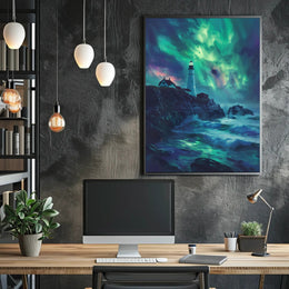 Aurora-Painted Coastal Landscape Lighthouse Artistic Poster PosterGoat