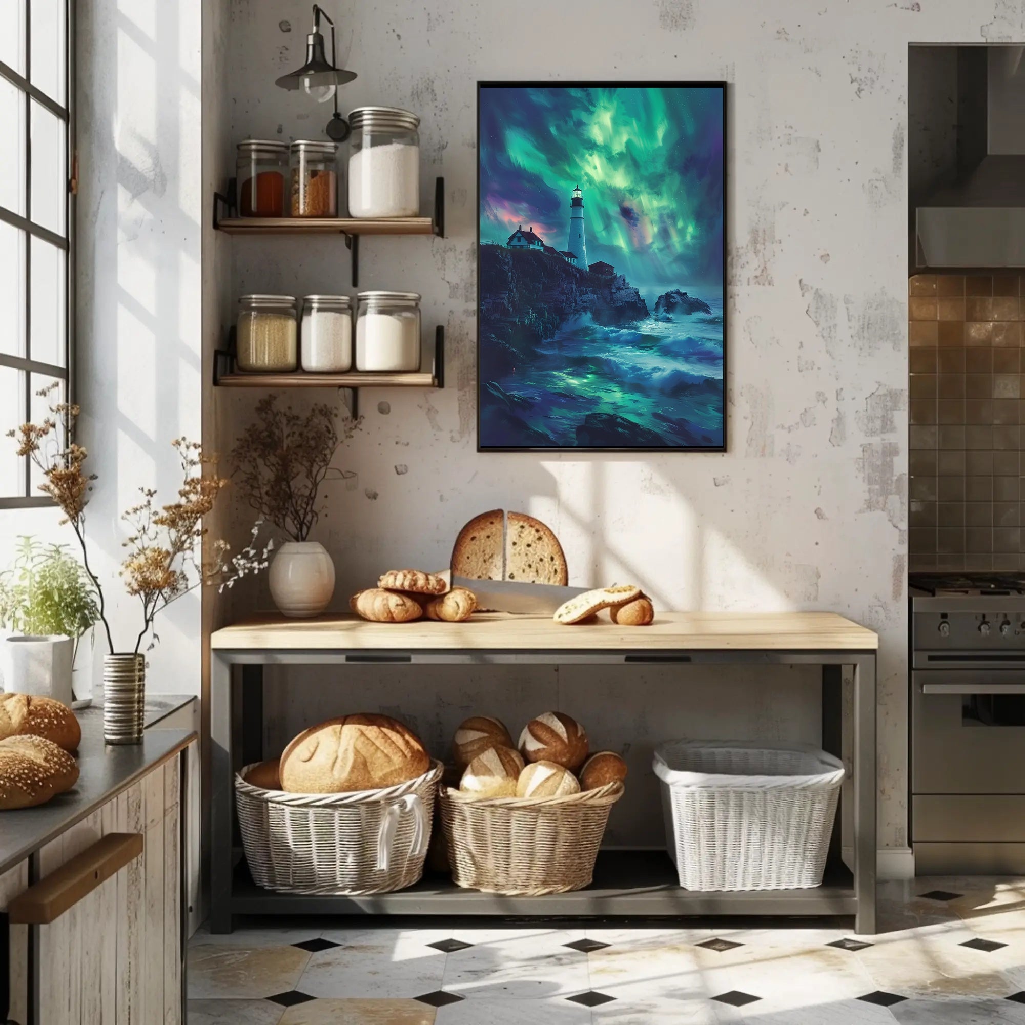 Aurora-Painted Coastal Landscape Lighthouse Artistic Poster PosterGoat