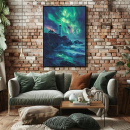 Aurora-Painted Coastal Landscape Lighthouse Artistic Poster PosterGoat