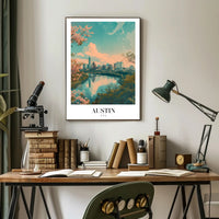 Austin Skyline Reflected in River Urban or Cityscape Poster PosterGoat