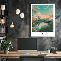 Austin Skyline Reflected in River Urban or Cityscape Poster PosterGoat