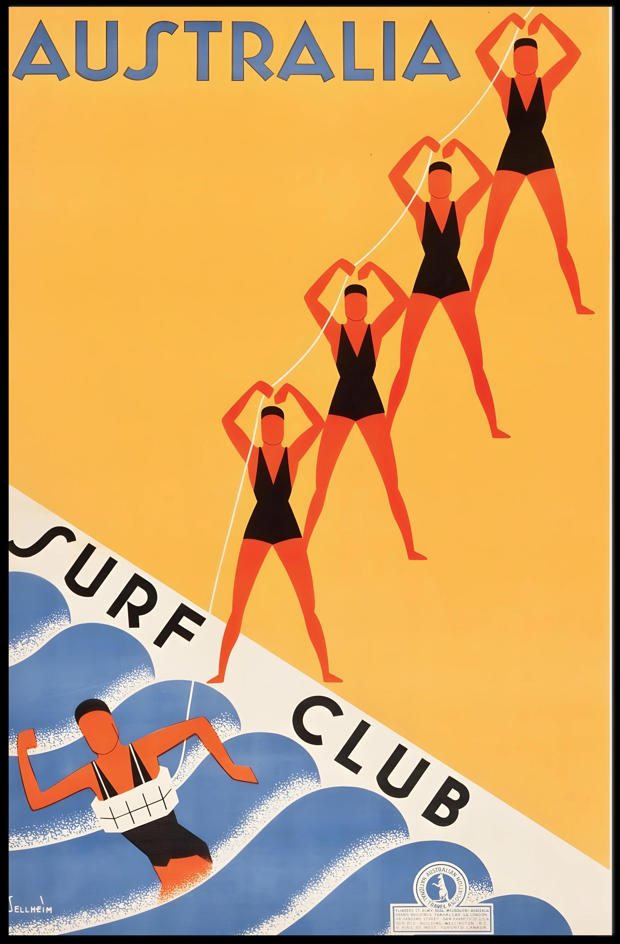 Australian Surf Club Art Deco Beach Culture Sports Poster PosterGoat