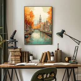 Autumn Amsterdam Canal Charm: Urban or Cityscape Poster PosterGoat