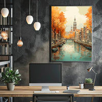 Autumn Amsterdam Canal Charm: Urban or Cityscape Poster PosterGoat
