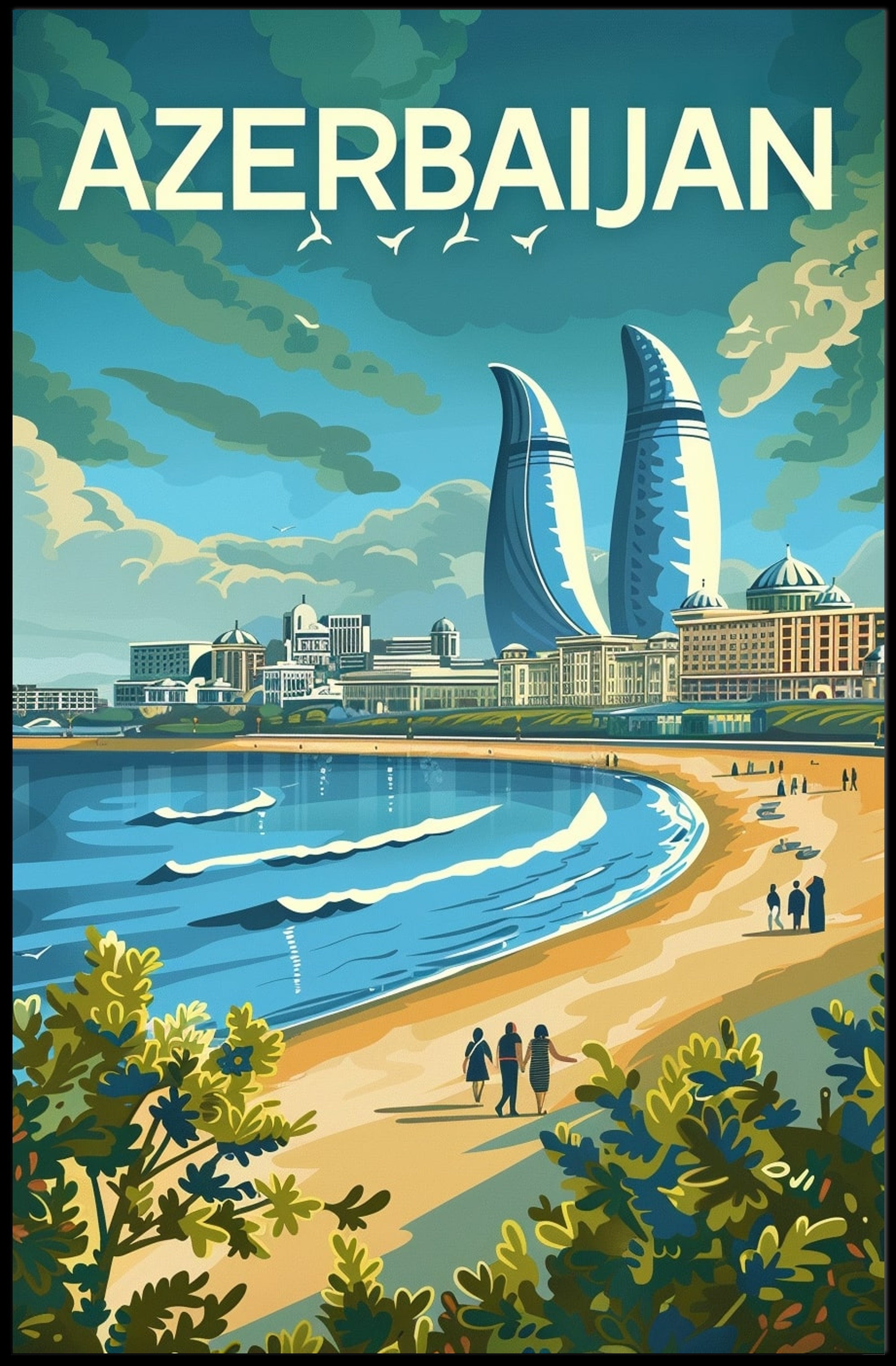 Azerbaijan's Modern Flair: Baku's Skyline Travel Poster PosterGoat