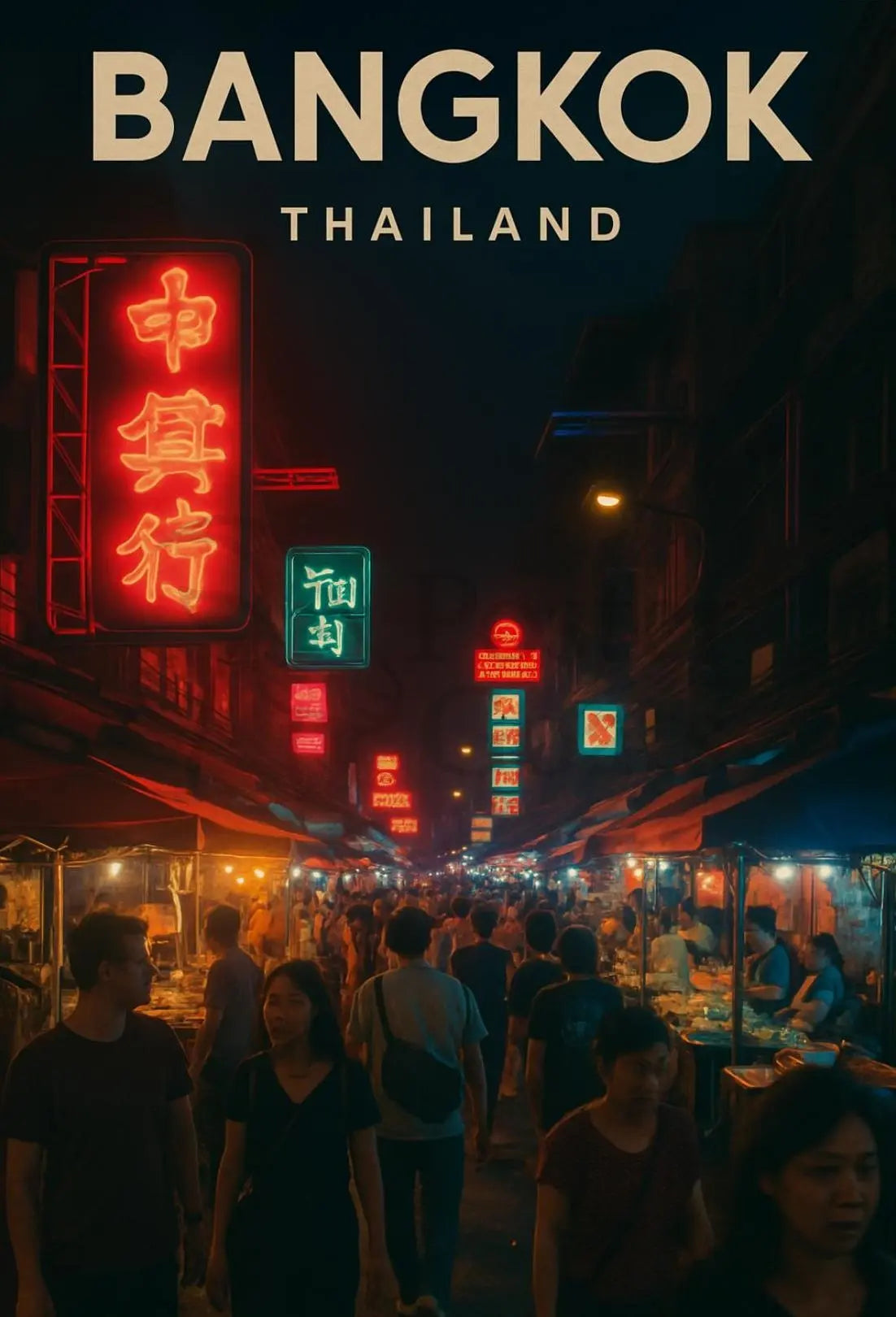 Bangkok Night Market Vibrant Cityscape Cultural or Heritage Poster PosterGoat