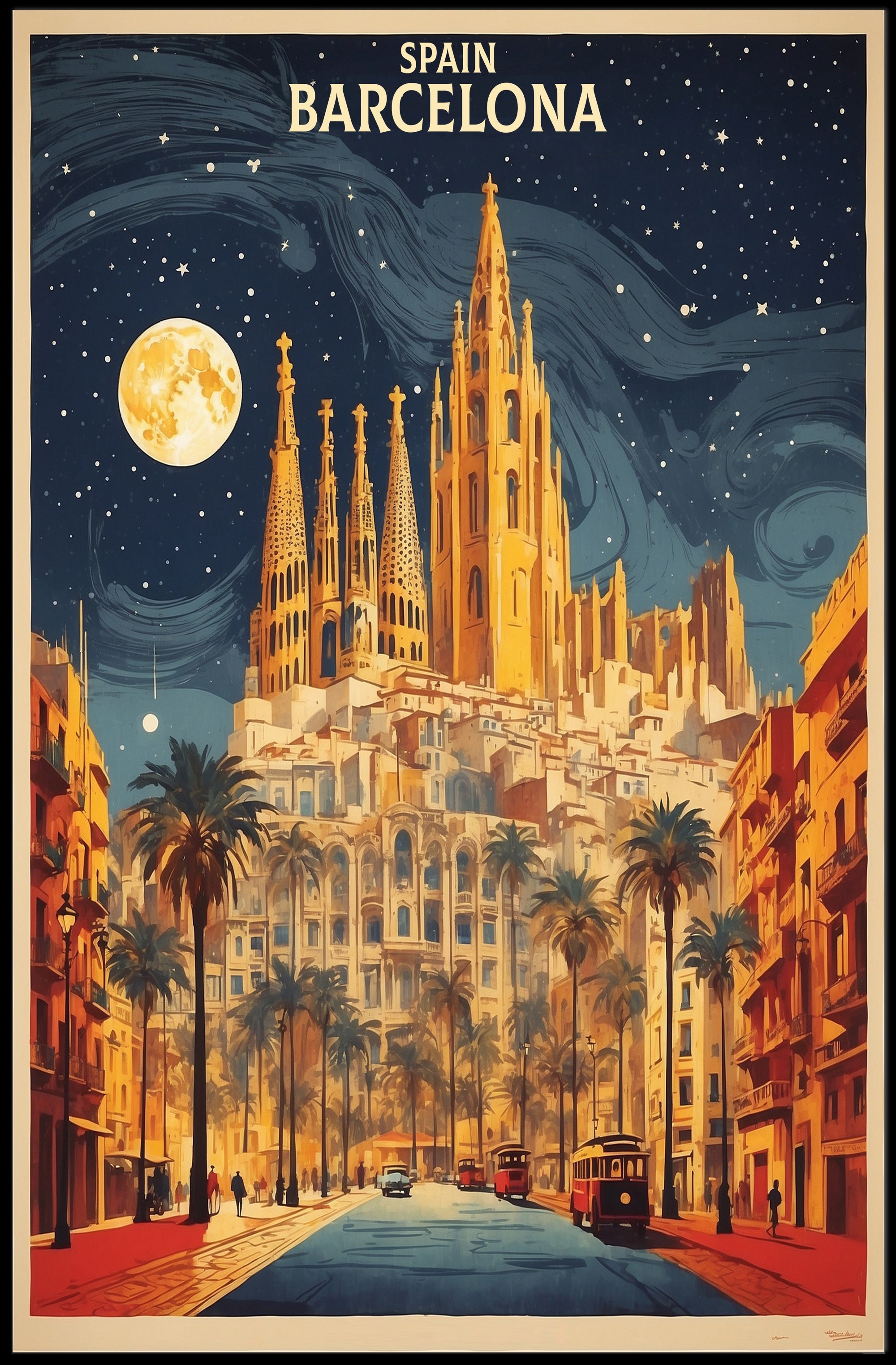 Barcelona Nightscape with Sagrada Familia Travel Poster PosterGoat