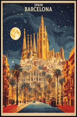 Barcelona Nightscape with Sagrada Familia Travel Poster PosterGoat