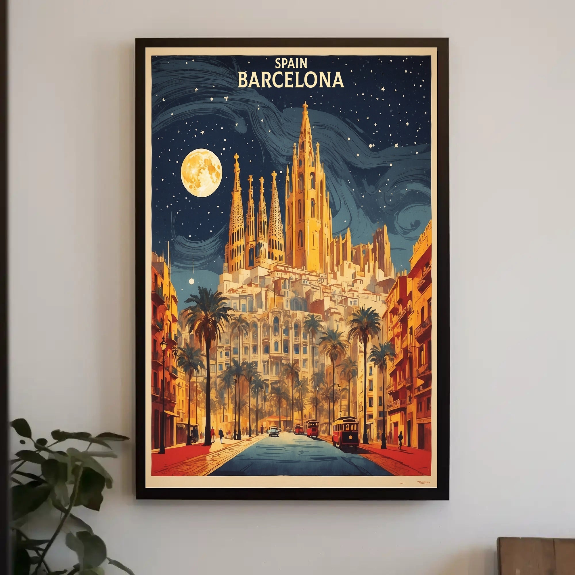 Barcelona Nightscape with Sagrada Familia Travel Poster PosterGoat