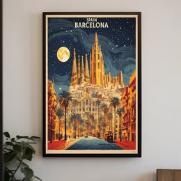 Barcelona Nightscape with Sagrada Familia Travel Poster PosterGoat