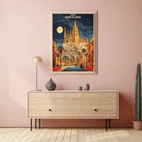 Barcelona Nightscape with Sagrada Familia Travel Poster PosterGoat