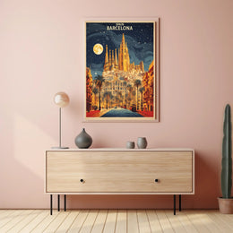 Barcelona Nightscape with Sagrada Familia Travel Poster PosterGoat