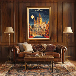 Barcelona Nightscape with Sagrada Familia Travel Poster PosterGoat