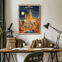 Barcelona Nightscape with Sagrada Familia Travel Poster PosterGoat